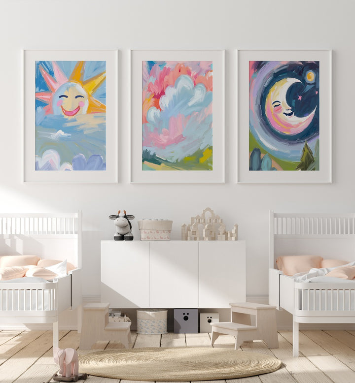 Brighten your child's room with the COLOURFUL SUN AND MOON SET, SET OF 3 PAINTINGS featuring whimsical designs.