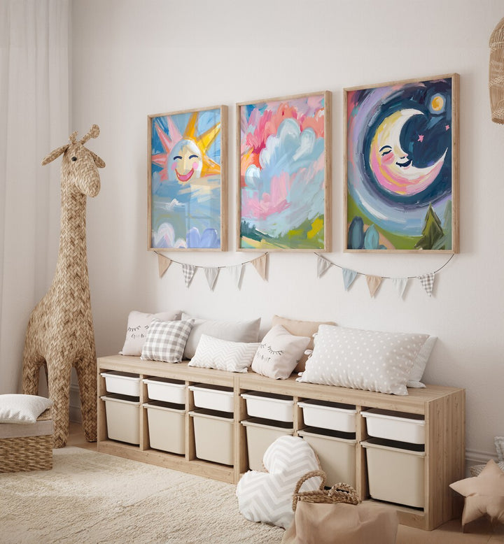 Brighten up your child's room with the COLOURFUL SUN AND MOON SET, SET OF 3 PAINTINGS featuring whimsical designs.