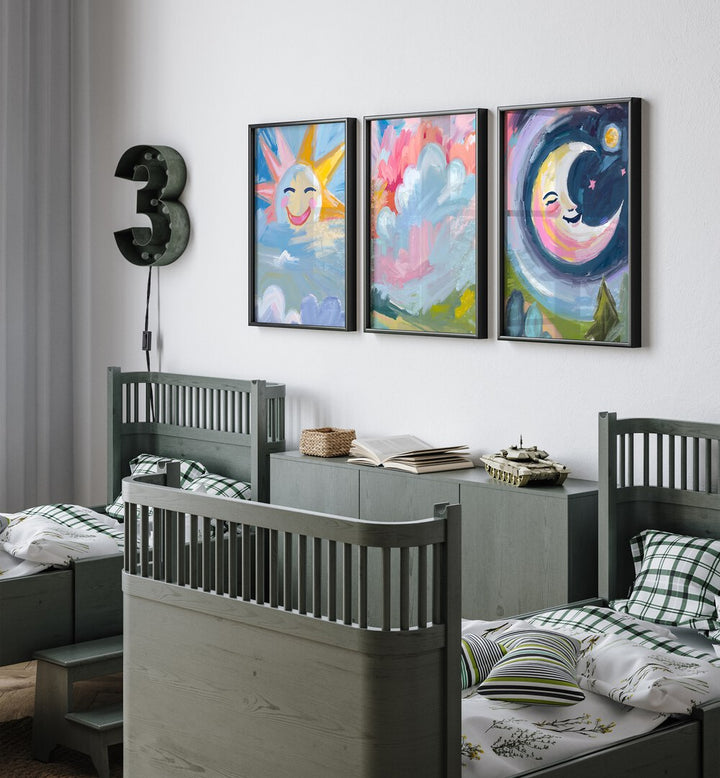 Brighten your child's room with the COLOURFUL SUN AND MOON SET, SET OF 3 PAINTINGS featuring joyful sun and moon art.