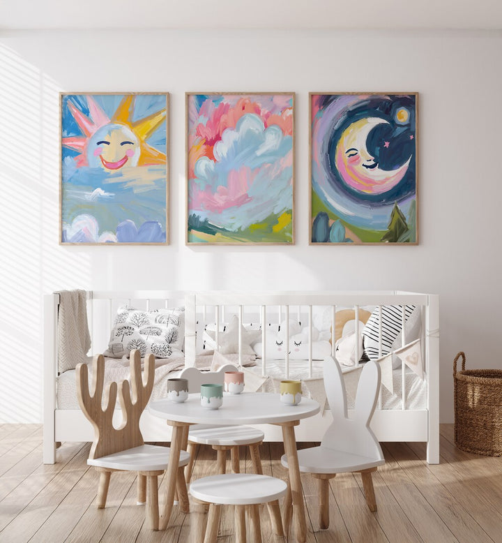 Brighten your child's room with the COLOURFUL SUN AND MOON SET, SET OF 3 PAINTINGS featuring vibrant artwork.