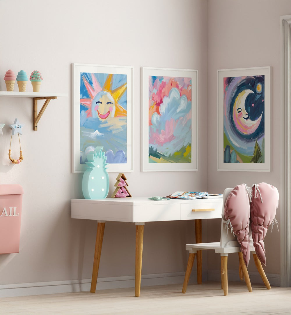 Brighten your child's space with the COLOURFUL SUN AND MOON SET, SET OF 3 PAINTINGS featuring whimsical designs.
