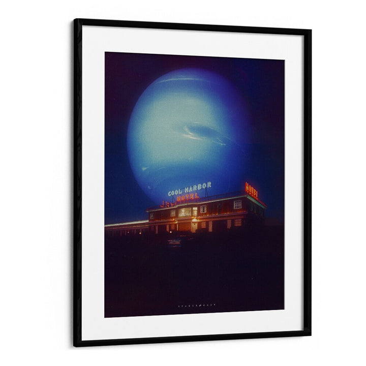 "COOL MOTEL, SURREAL ART PRINTS by Space Rocket Art, featuring a vibrant motel against a surreal cosmic backdrop."