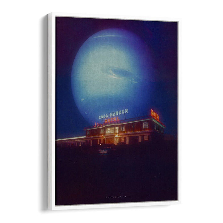 Cool Harbor motel under a surreal blue orb, showcasing COOL MOTEL, SURREAL ART PRINTS from Space Rocket Art.