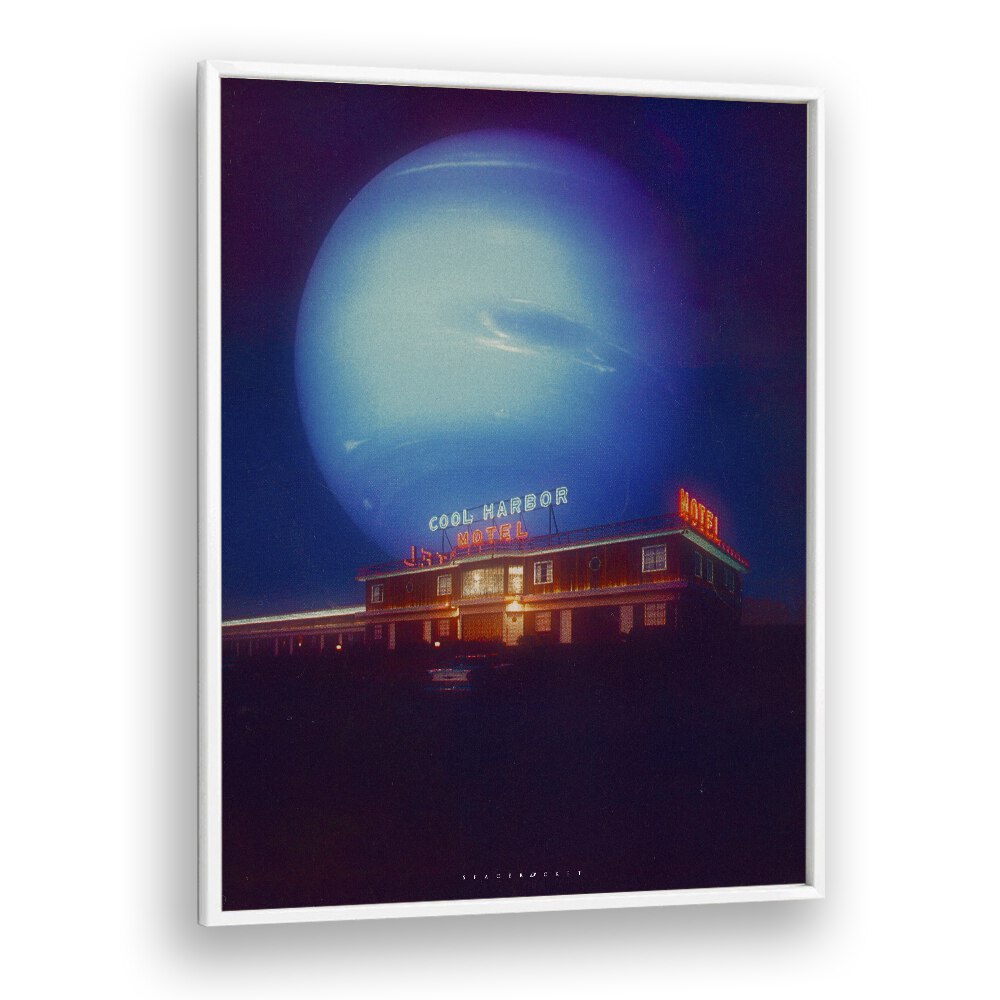 Surreal art print "COOL MOTEL" by Space Rocket Art, featuring a captivating cosmic scene and vibrant colors.