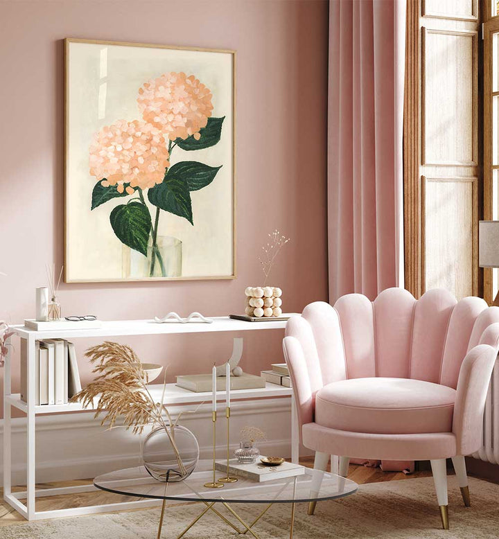 CORAL HYDRANGEAS IN A VASE , FLORAL FLOWER PAINTINGS