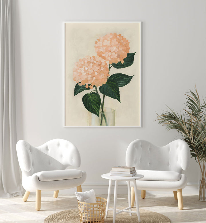 CORAL HYDRANGEAS IN A VASE , FLORAL FLOWER PAINTINGS