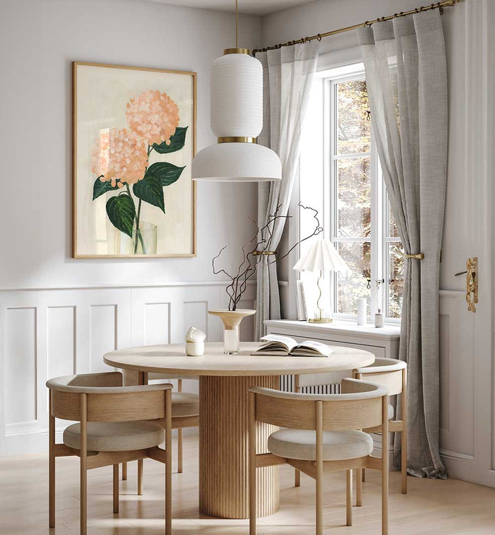 CORAL HYDRANGEAS IN A VASE , FLORAL FLOWER PAINTINGS