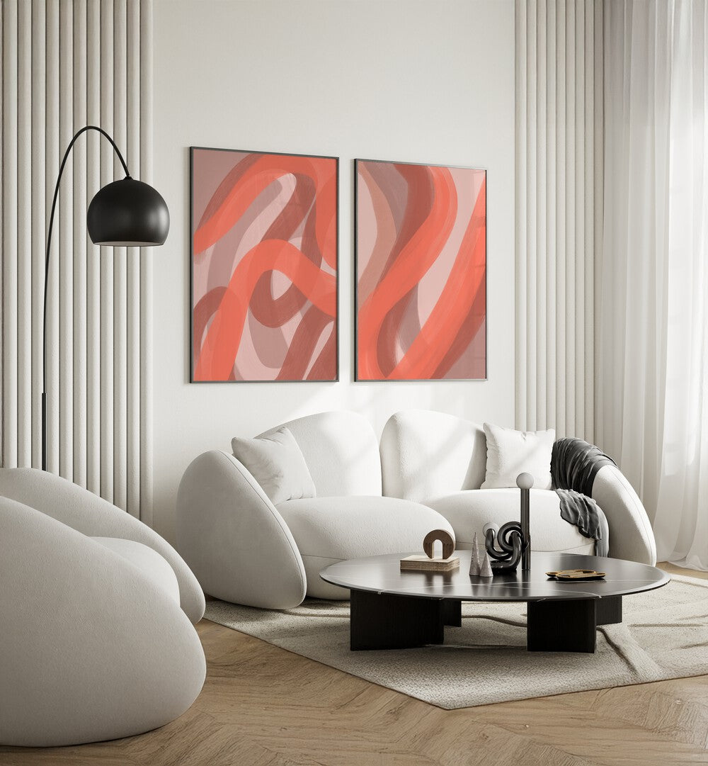 Stylish CORAL SET, SET OF 2 PAINTINGS enhancing a modern living space with vibrant oceanic colors and elegance.