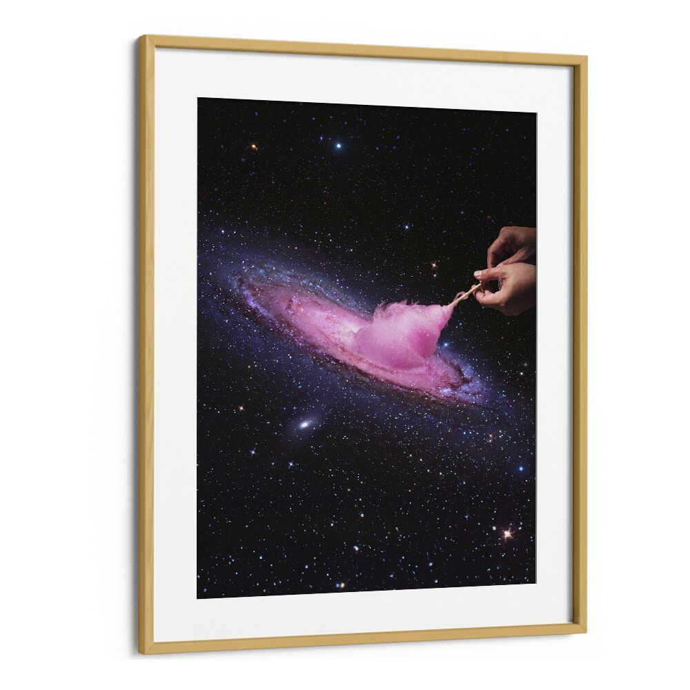 Surreal art print "COSMIC COTTON CANDY" by Vertigo Artography, framed, features vibrant cosmic imagery.