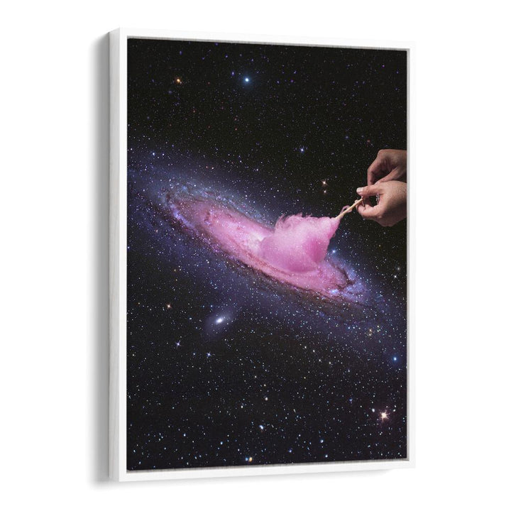 Experience COSMIC COTTON CANDY, SURREAL ART PRINTS featuring a whimsical hand creating cotton candy in a cosmic setting.