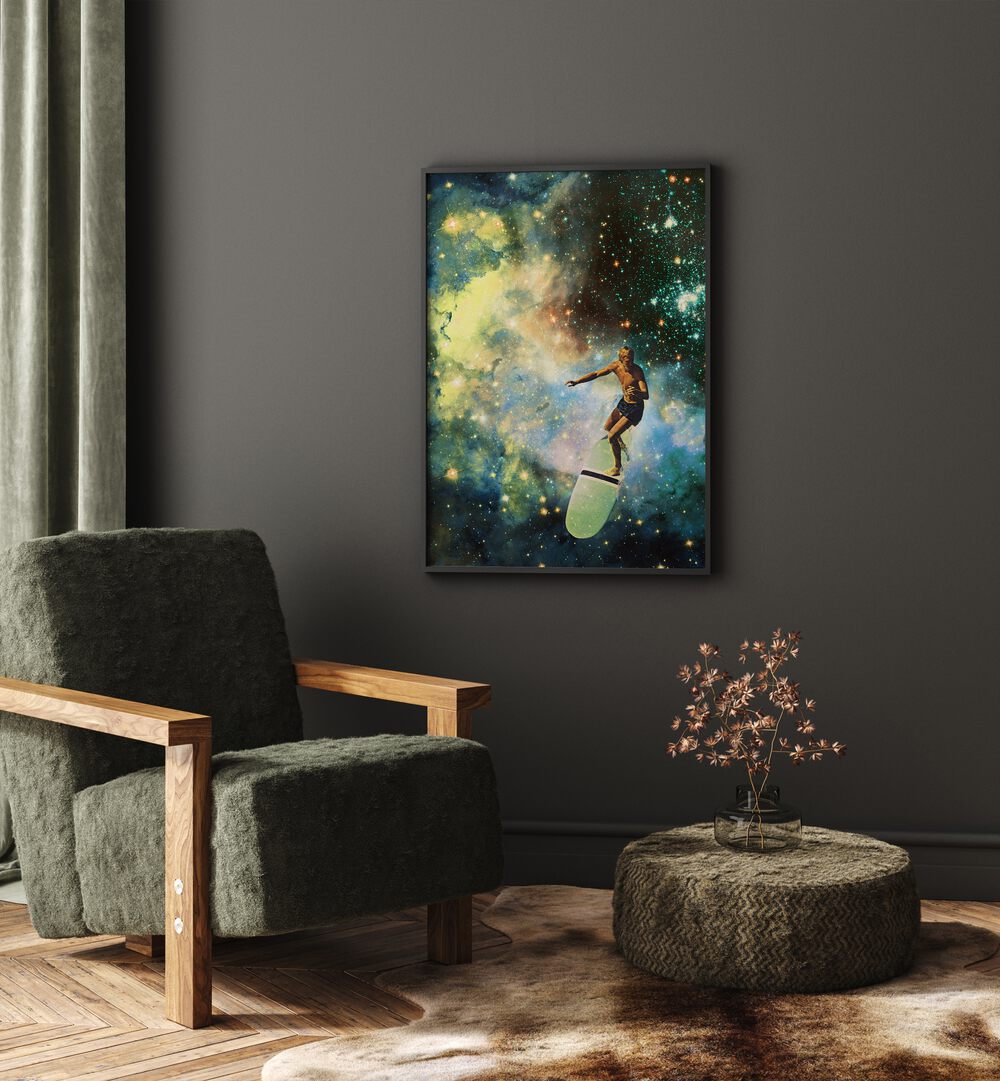 COSMIC SURFER SURREAL PAINTING, SURREAL ART by Vertigo Artography, showcasing a surreal cosmic surfing experience.