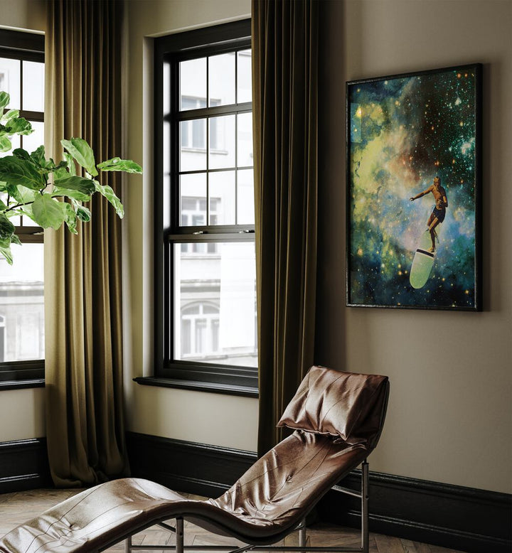 COSMIC SURFER SURREAL PAINTING, SURREAL ART adorns a chic room, capturing imagination with vibrant cosmic visuals.