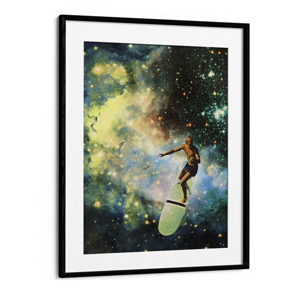 COSMIC SURFER SURREAL PAINTING, SURREAL ART by Vertigo Artography features a surfer in a vibrant cosmic scene.