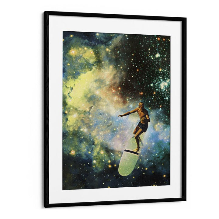 COSMIC SURFER SURREAL PAINTING, SURREAL ART by Vertigo Artography features a surfer in a vibrant cosmic scene.