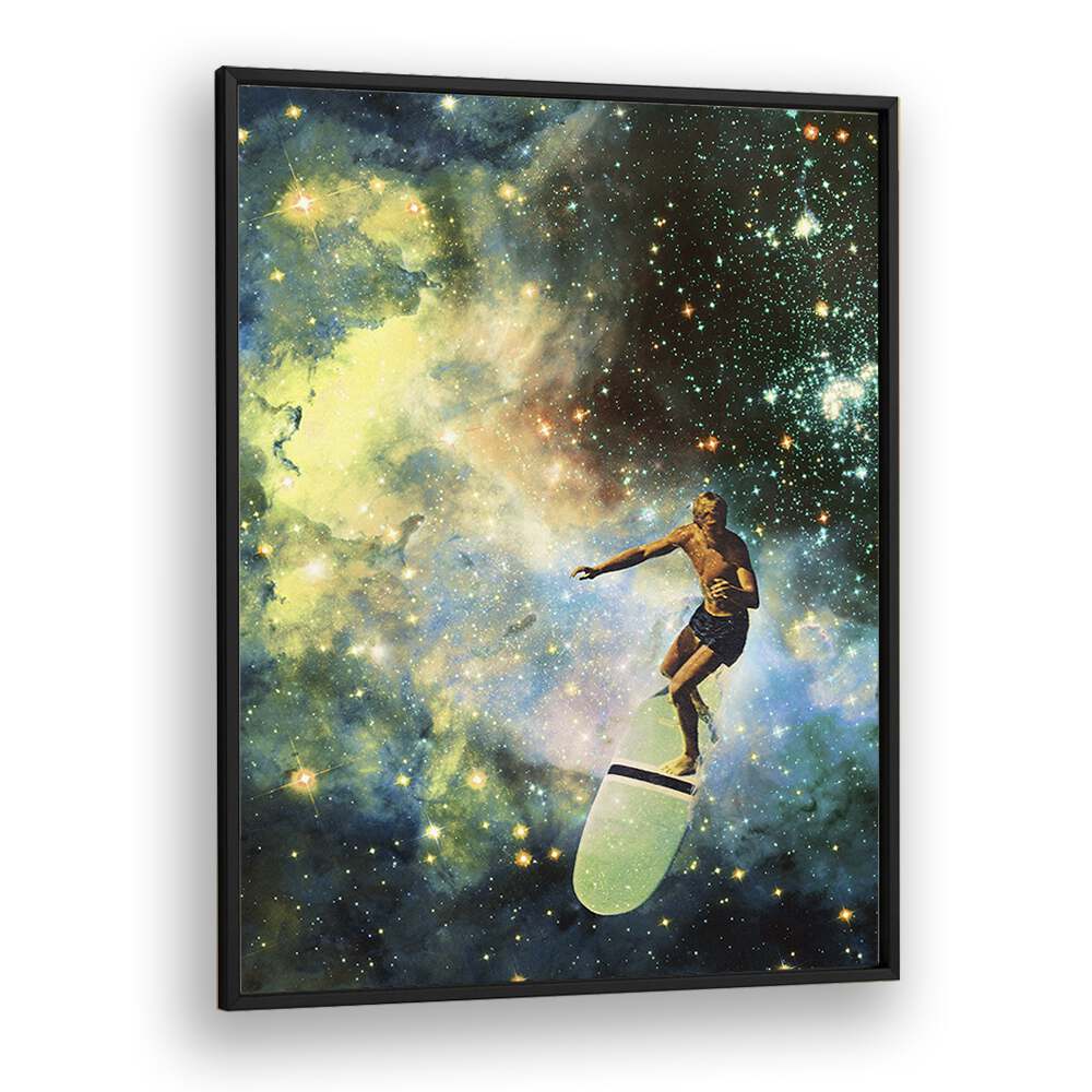 COSMIC SURFER SURREAL PAINTING, SURREAL ART captures a surfer gliding through a starry cosmic landscape by Vertigo Artography.