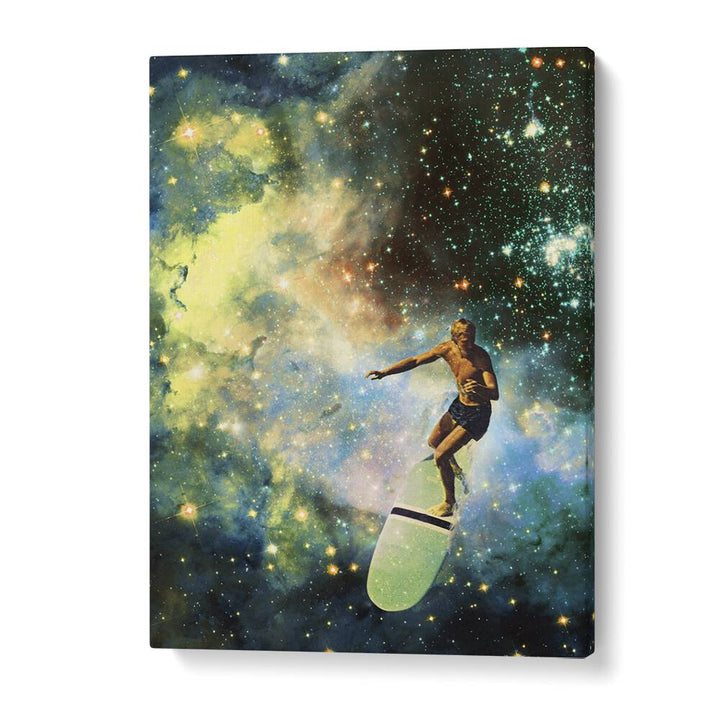 COSMIC SURFER SURREAL PAINTING, SURREAL ART by Vertigo Artography features a surfer riding cosmic waves in vibrant colors.