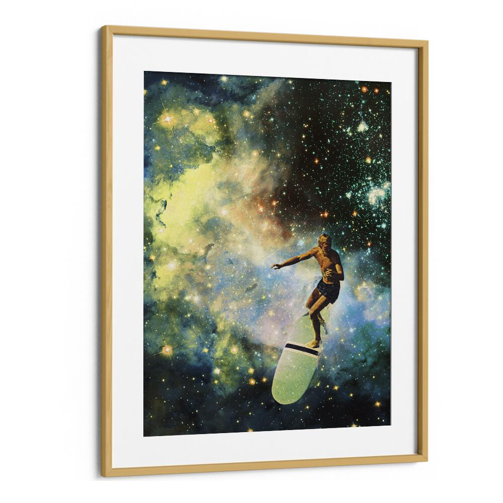 COSMIC SURFER SURREAL PAINTING, SURREAL ART by Vertigo Artography features a surfer in a cosmic landscape.