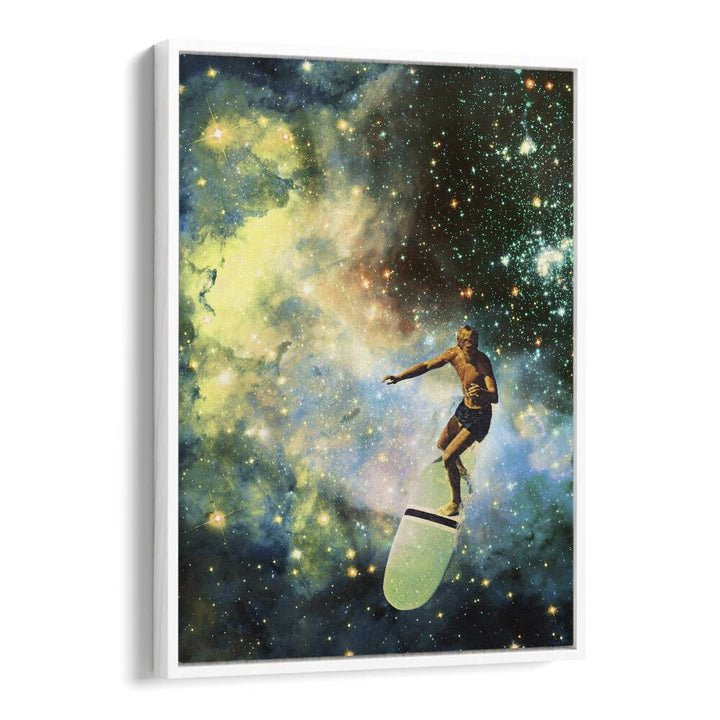COSMIC SURFER SURREAL PAINTING, SURREAL ART by Vertigo Artography showcases a surfer gliding through a cosmic landscape.