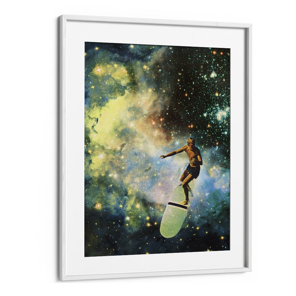 Cosmic Surfer surreal painting by Vertigo Artography showcases a surfer amidst a vibrant cosmic backdrop.