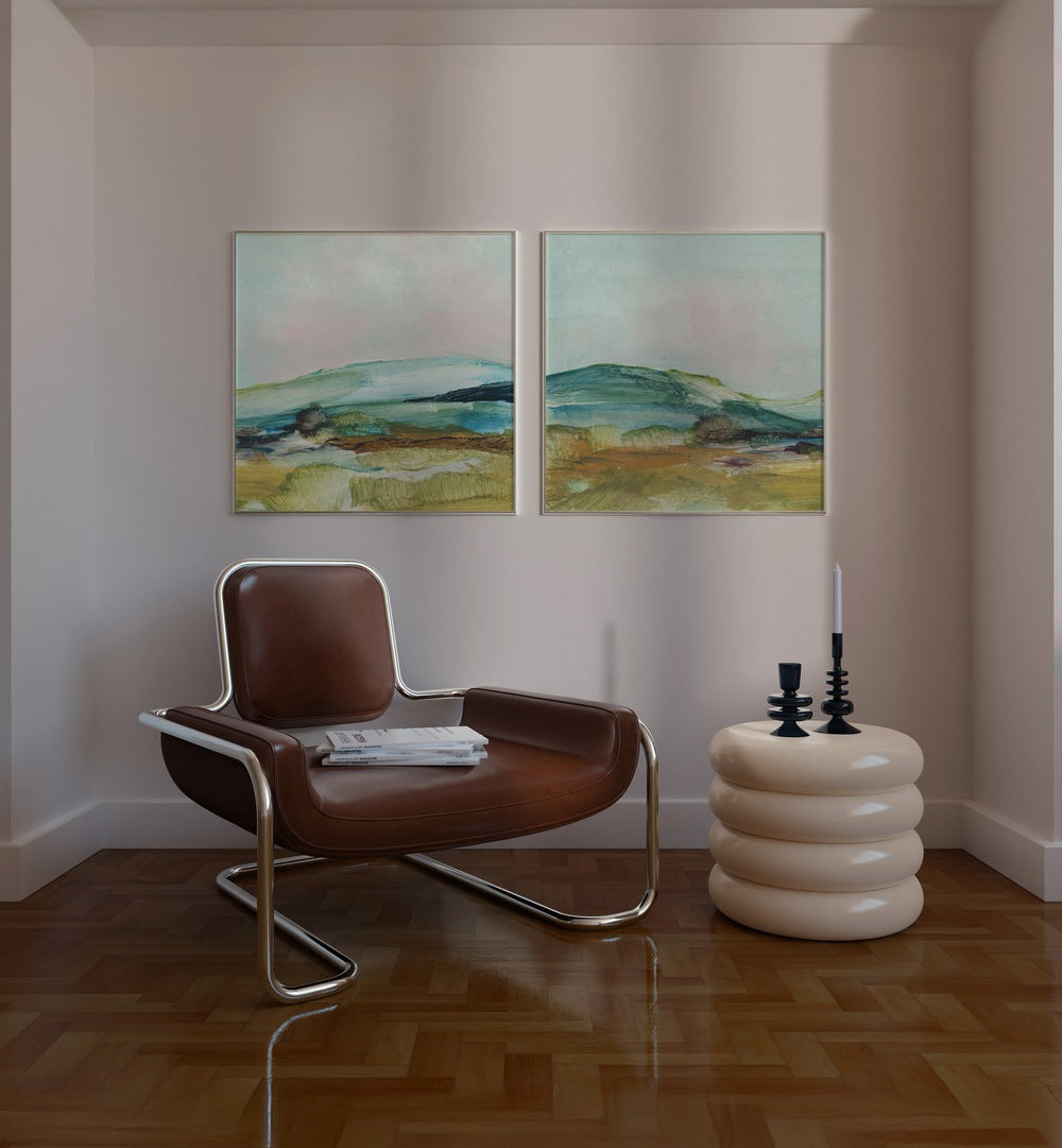 Serene COUNTRY HILLS SET, SET OF 2 PAINTINGS adds a touch of nature to your living space with stunning landscapes.