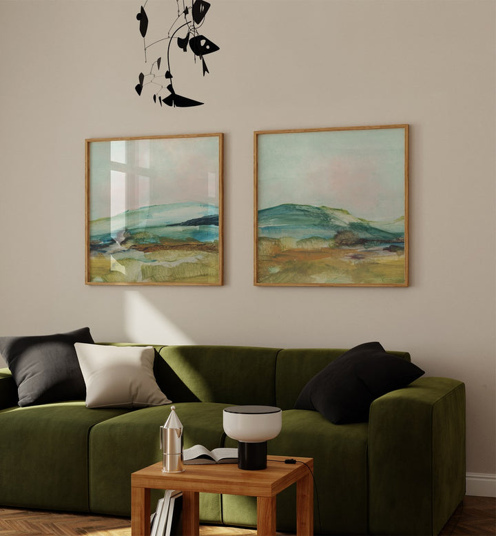 Elegant COUNTRY HILLS SET, SET OF 2 PAINTINGS beautifully enhances your space with serene landscapes and rolling hills.