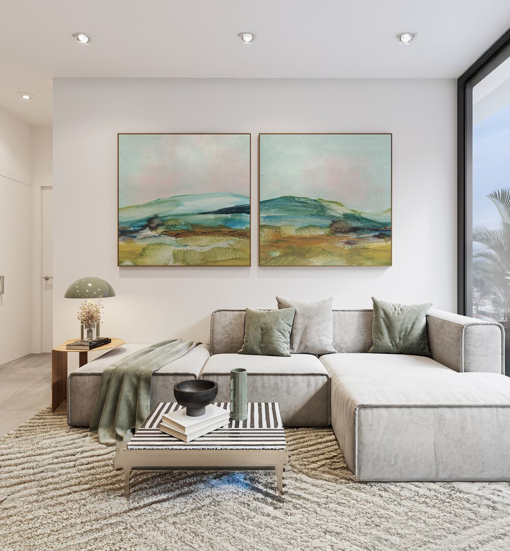 Transform your space with the COUNTRY HILLS SET, SET OF 2 PAINTINGS, featuring serene landscapes and rolling hills.