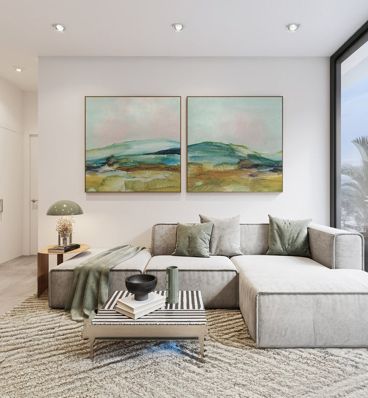 Transform your space with the COUNTRY HILLS SET, SET OF 2 PAINTINGS, featuring serene landscapes and rolling hills.