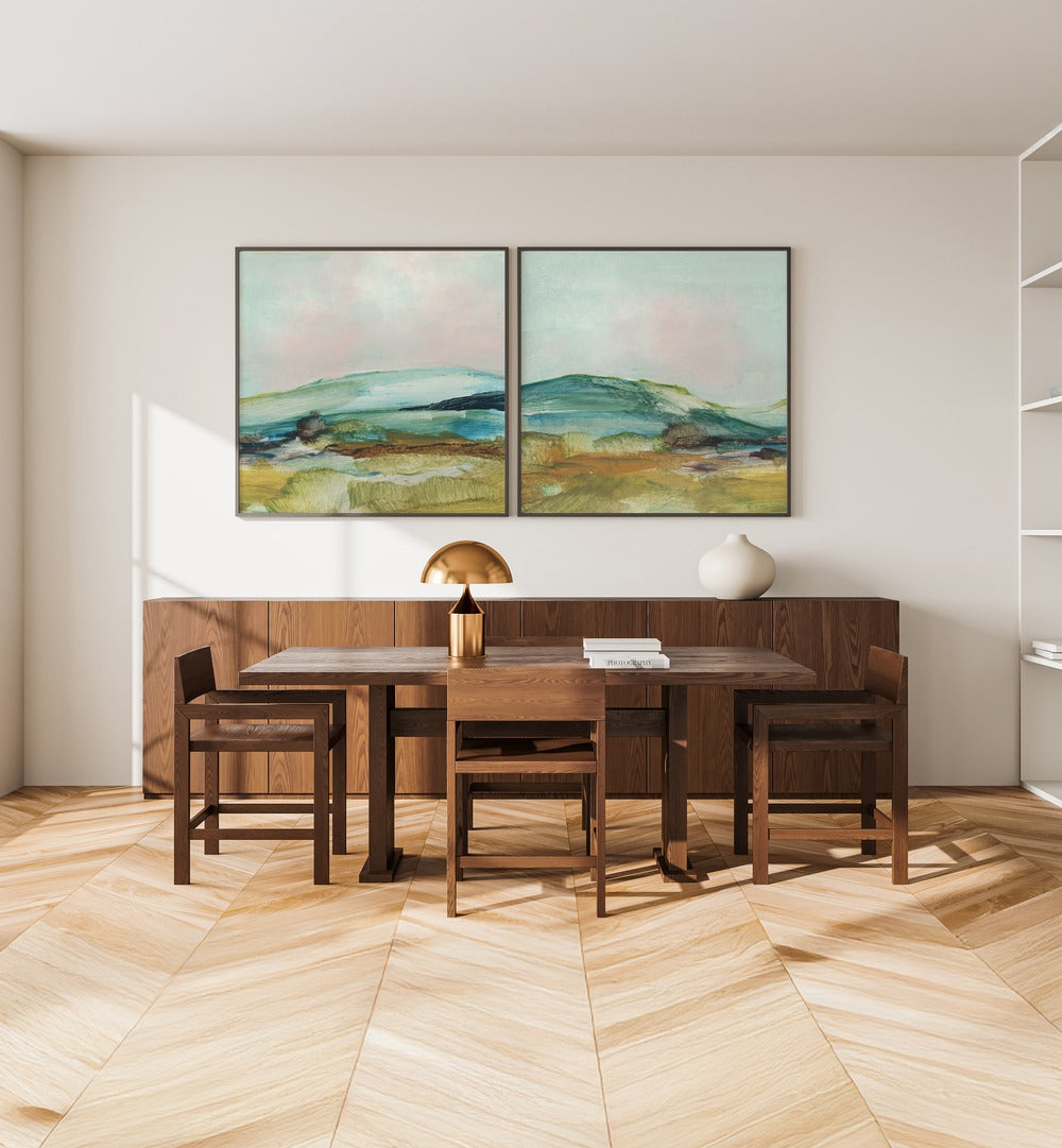 Add elegance to your home with the COUNTRY HILLS SET, SET OF 2 PAINTINGS featuring serene landscapes.