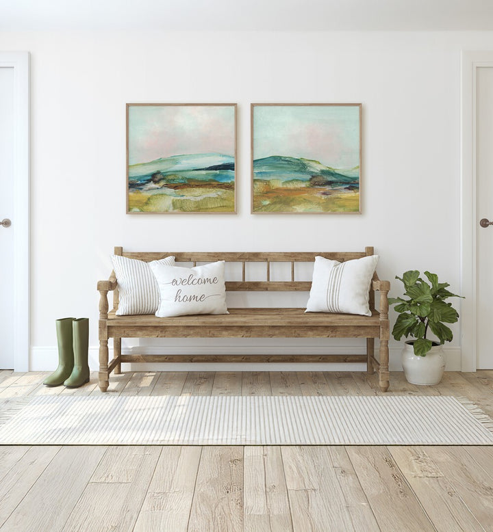 Transform your space with the COUNTRY HILLS SET, SET OF 2 PAINTINGS, showcasing serene rolling landscapes.