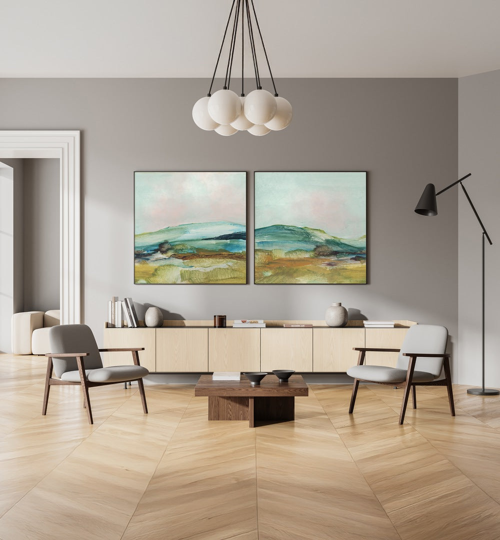 Serene COUNTRY HILLS SET, SET OF 2 PAINTINGS enhances your space with beautiful landscape art and calming colors.