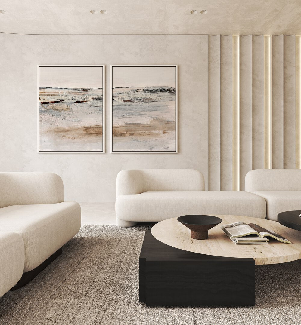 Elegant COUNTRY SIDE ABSTRACT, SET OF 2 PAINTINGS enhancing a modern living room with serene rural landscape vibes.