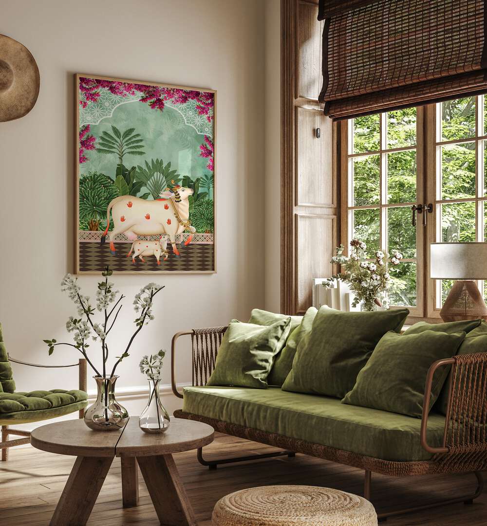 COW MOTHER AND CALF'S AFFECTION I, INDIAN ART PAINTINGS showcases a tender bond in vibrant home decor.