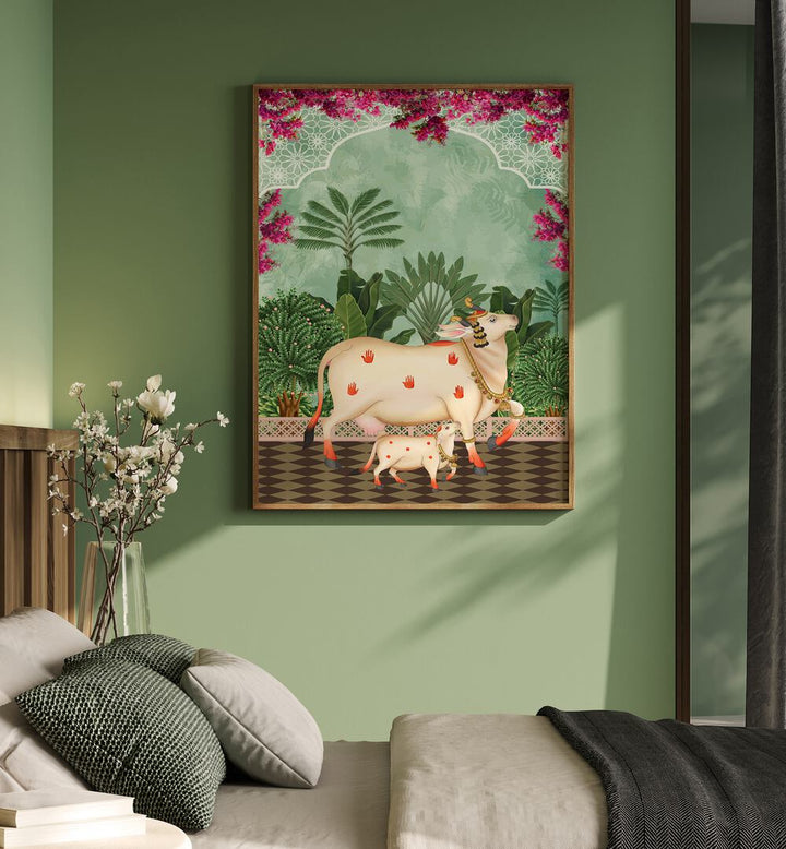 Nandini's Embrace captures the bond in COW MOTHER AND CALF'S AFFECTION I, INDIAN ART PAINTINGS, enhancing your decor.