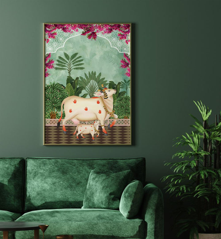 COW MOTHER AND CALF'S AFFECTION I, INDIAN ART PAINTINGS, showcases the tender bond between mother cow and calf.