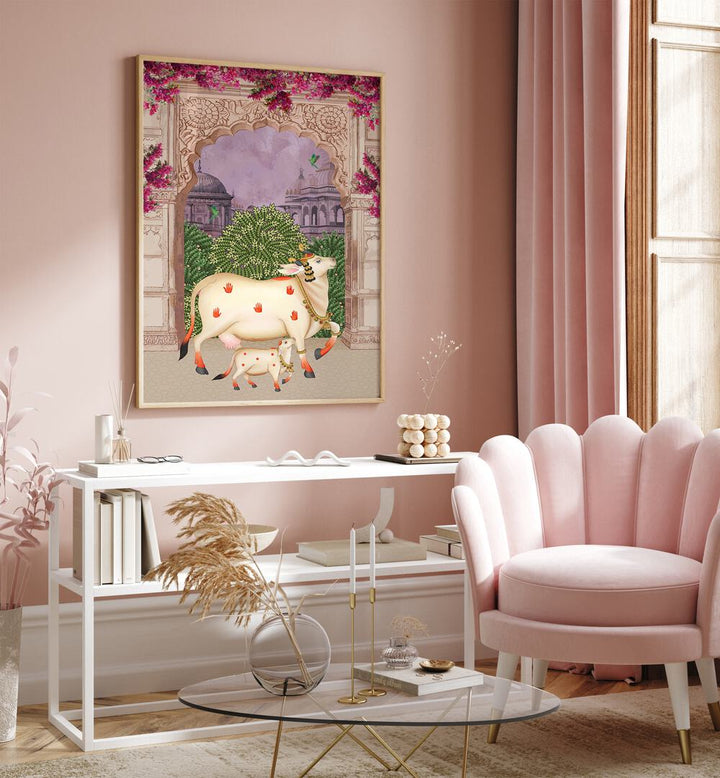 Nandini's Embrace captures the bond in COW MOTHER AND CALF'S AFFECTION II, INDIAN ART PAINTINGS, perfect for any decor.