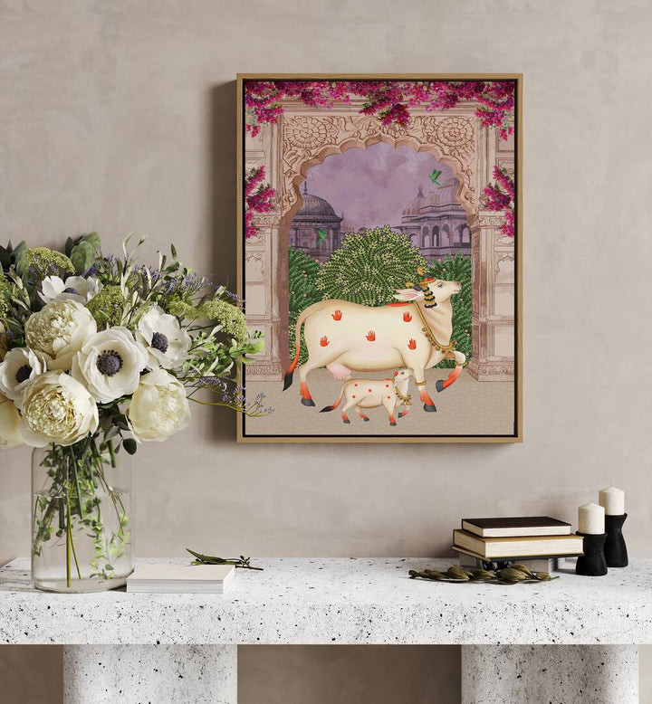 Explore COW MOTHER AND CALF'S AFFECTION II, INDIAN ART PAINTINGS, showcasing the tender bond between mother and calf.