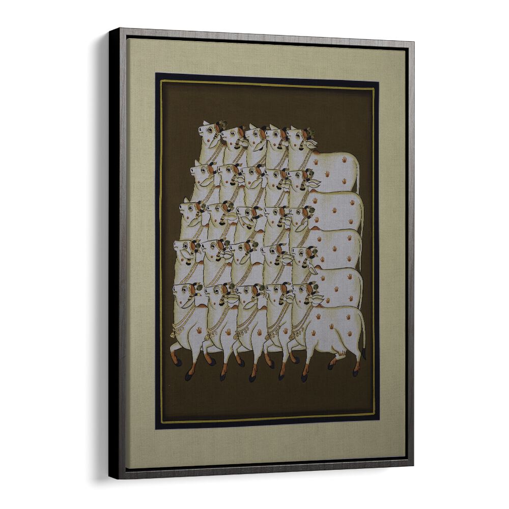 COW TRADITIONAL ART, INDIAN ART PAINTINGS showcase a serene group of cows in a vibrant, earthy setting. Perfect for decor.