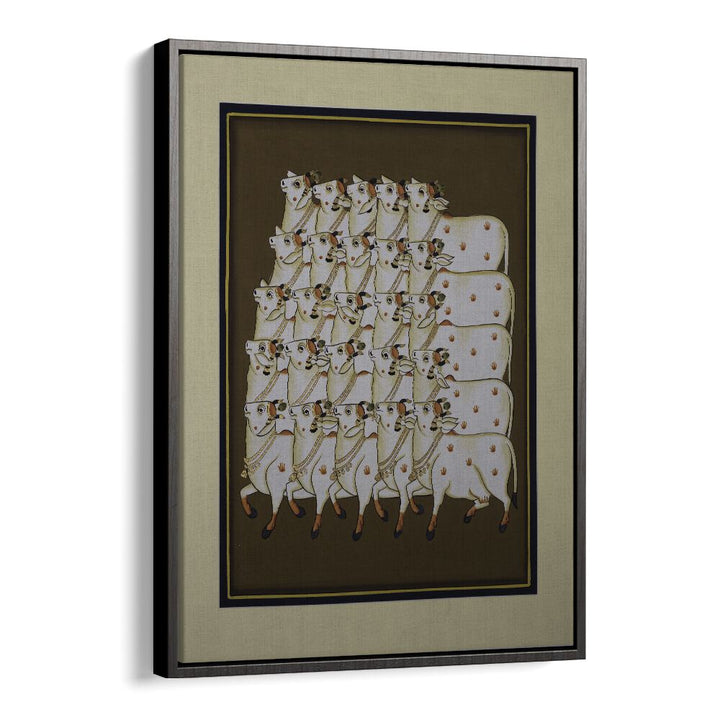 COW TRADITIONAL ART, INDIAN ART PAINTINGS showcase a serene group of cows in a vibrant, earthy setting. Perfect for decor.