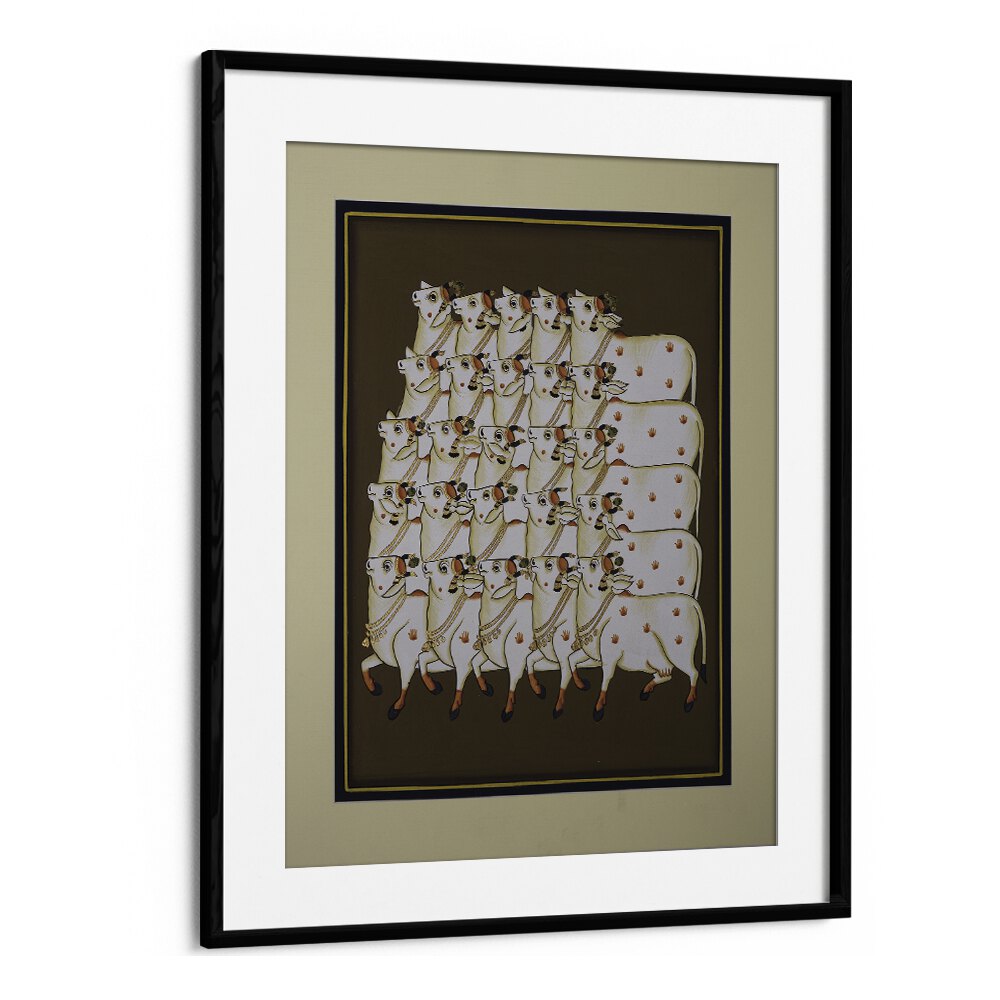 COW TRADITIONAL ART, INDIAN ART PAINTINGS showcasing serene cows in a beautiful black frame, perfect for home decor.