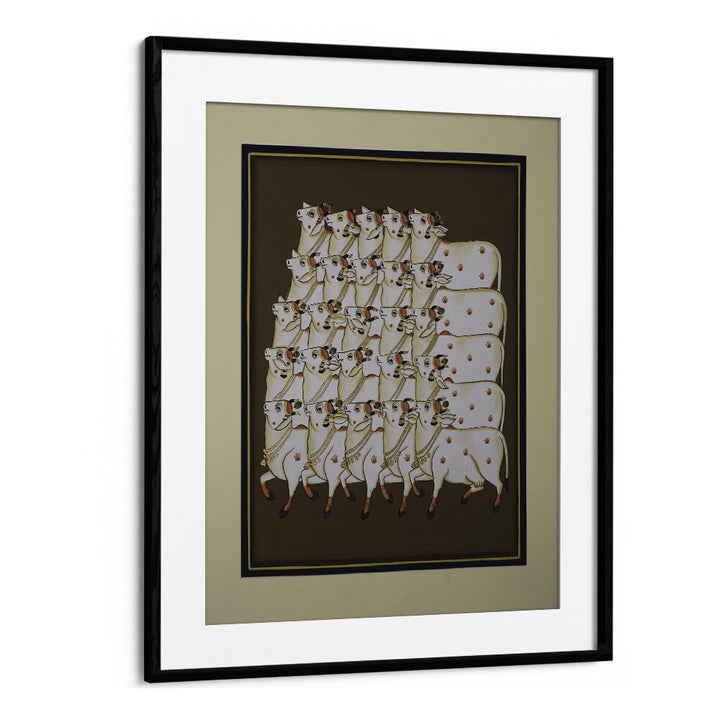 COW TRADITIONAL ART, INDIAN ART PAINTINGS showcasing serene cows in a beautiful black frame, perfect for home decor.