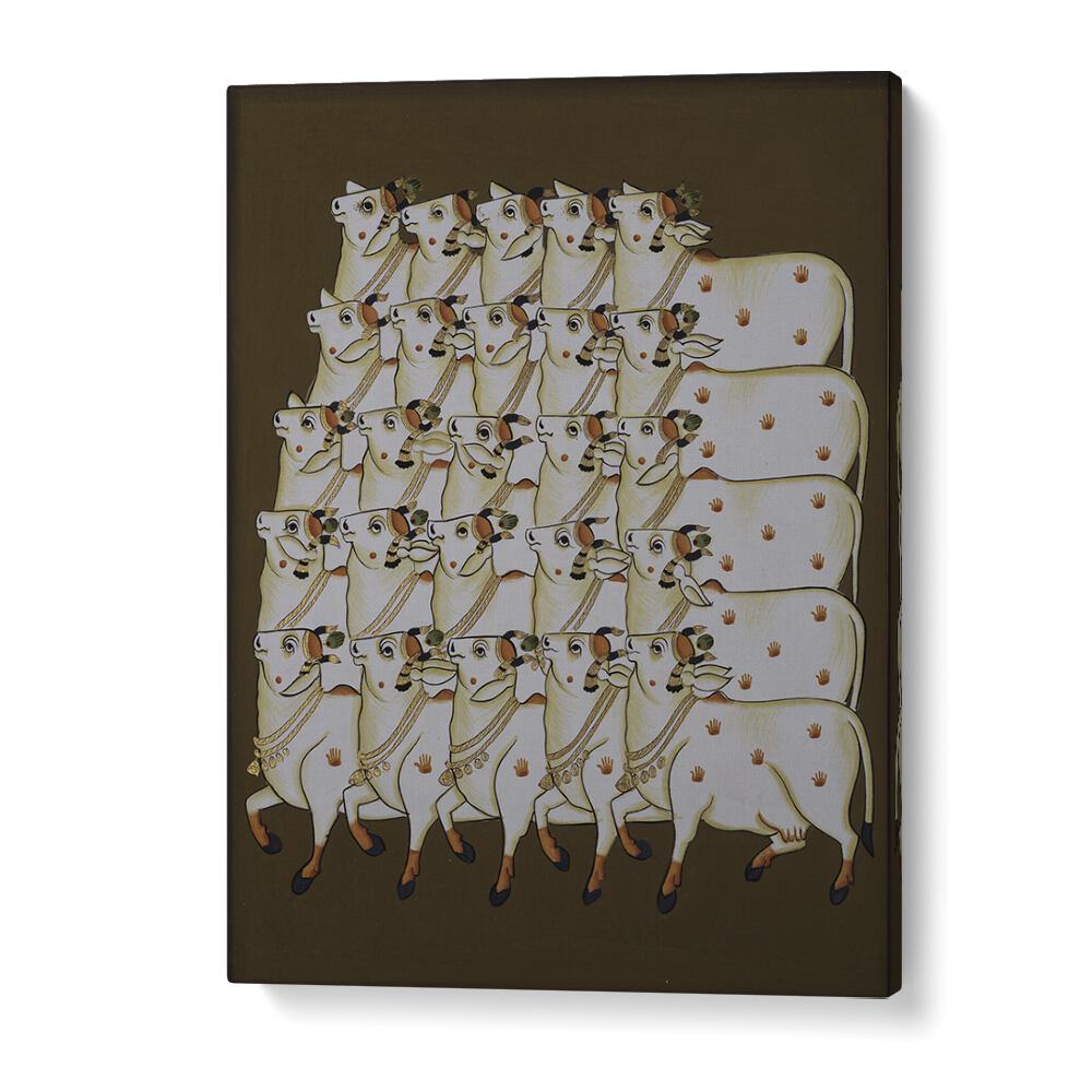 COW TRADITIONAL ART, INDIAN ART PAINTINGS showcasing serene cows in a rich, earthy backdrop, perfect for home decor.