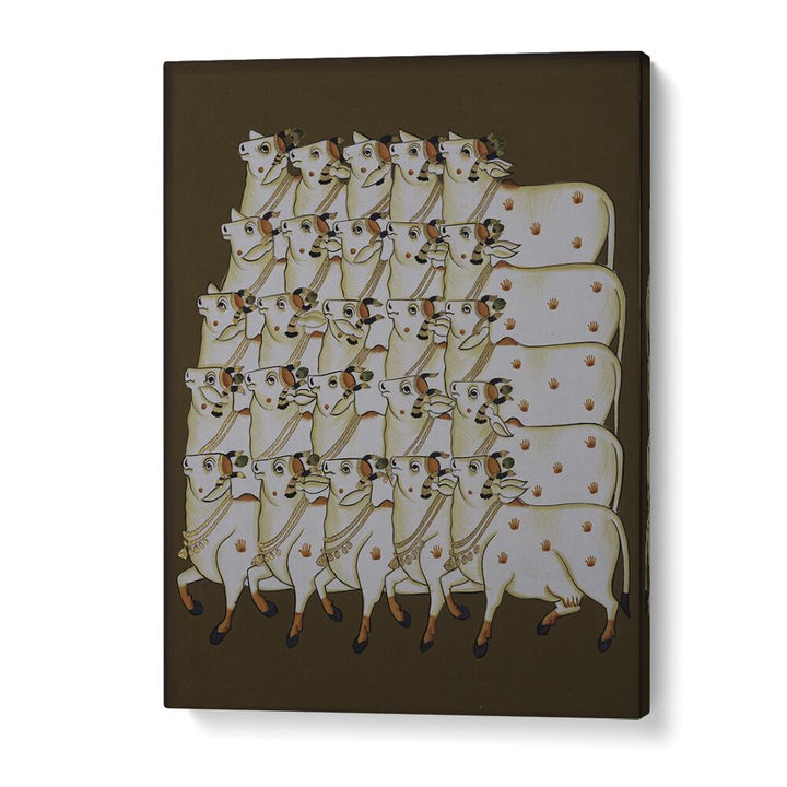 COW TRADITIONAL ART, INDIAN ART PAINTINGS showcasing serene cows in a rich, earthy backdrop, perfect for home decor.