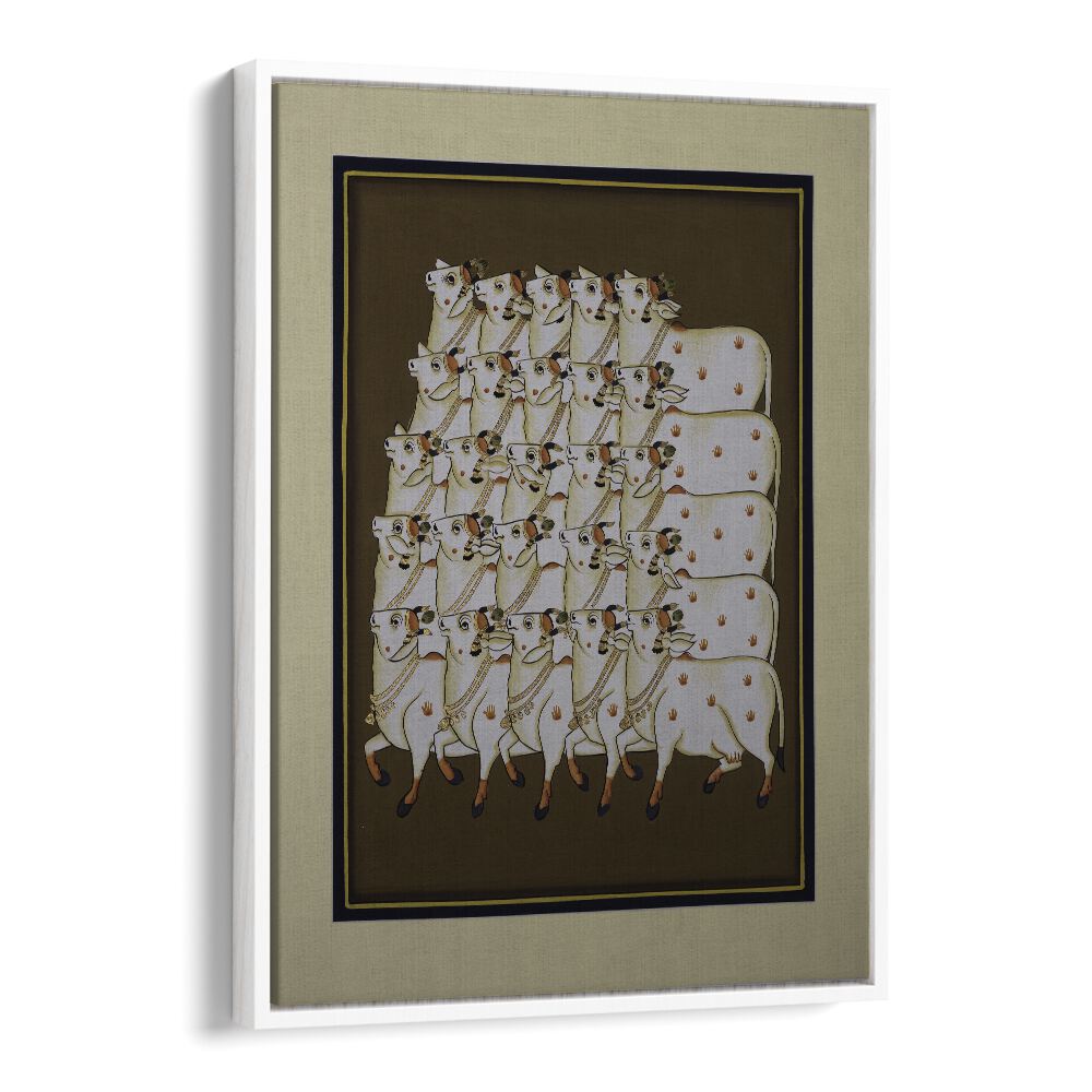 COW TRADITIONAL ART, INDIAN ART PAINTINGS showcasing a serene group of cows against a warm earthy background.