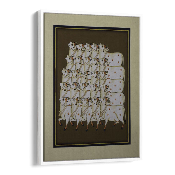 COW TRADITIONAL ART, INDIAN ART PAINTINGS showcasing a serene group of cows against a warm earthy background.