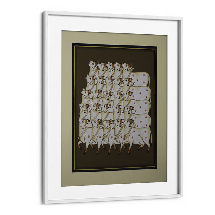 COW TRADITIONAL ART, INDIAN ART PAINTINGS featuring a serene group of cows in a beautiful white frame. Perfect decor!