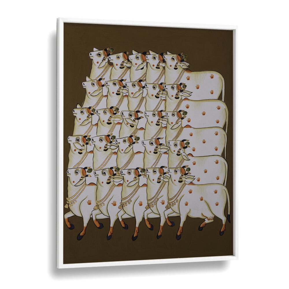 Brighten your home with COW TRADITIONAL ART, INDIAN ART PAINTINGS, showcasing serene cows on a rich background.