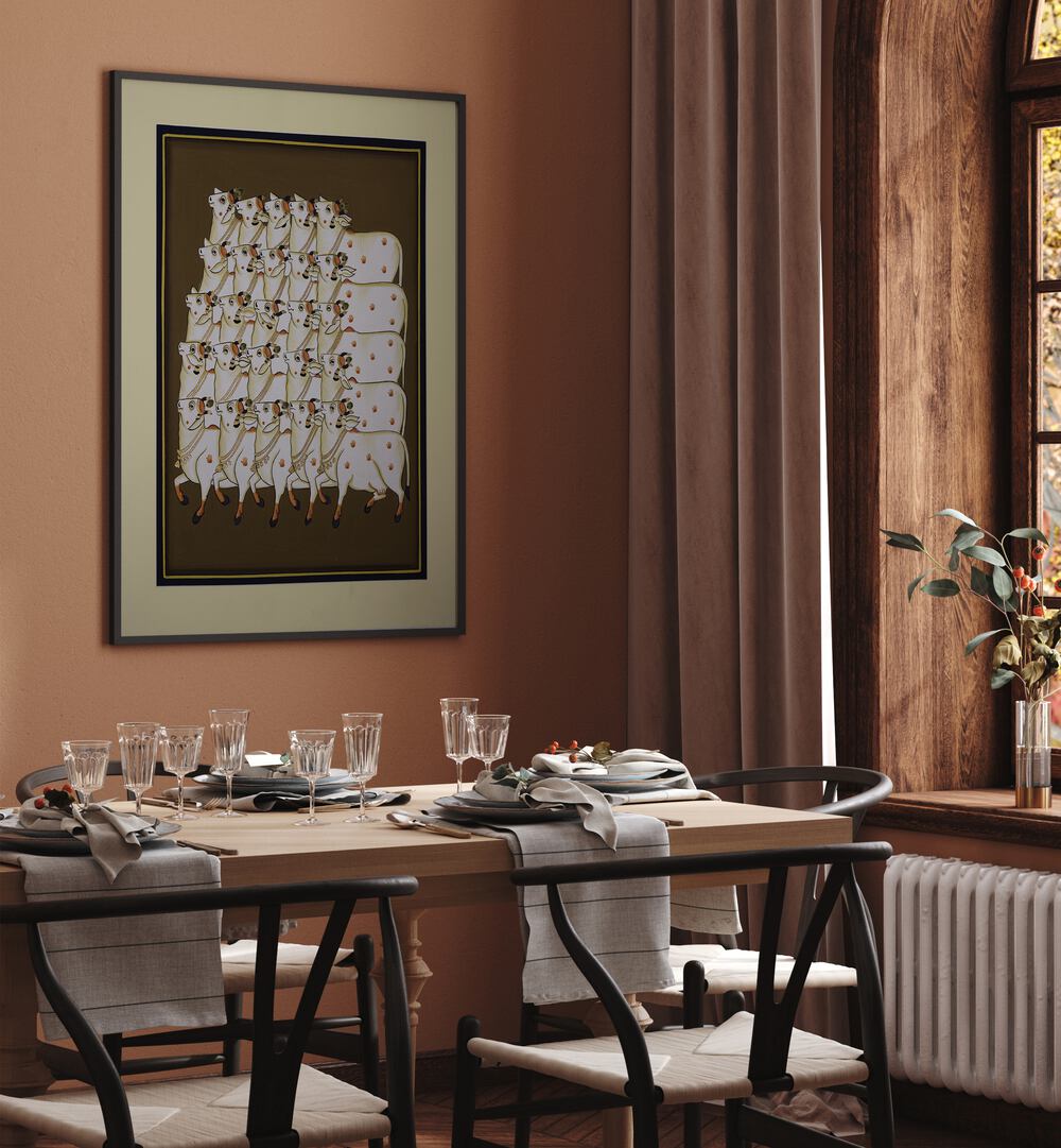 Transform your space with COW TRADITIONAL ART, INDIAN ART PAINTINGS showcasing serene cows in a warm setting.