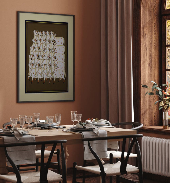Transform your space with COW TRADITIONAL ART, INDIAN ART PAINTINGS showcasing serene cows in a warm setting.