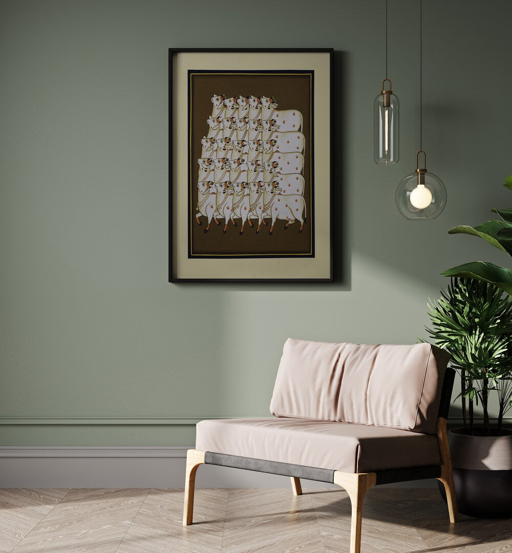 Exquisite COW TRADITIONAL ART, INDIAN ART PAINTINGS, showcasing serene cows on a warm background, perfect for home decor.