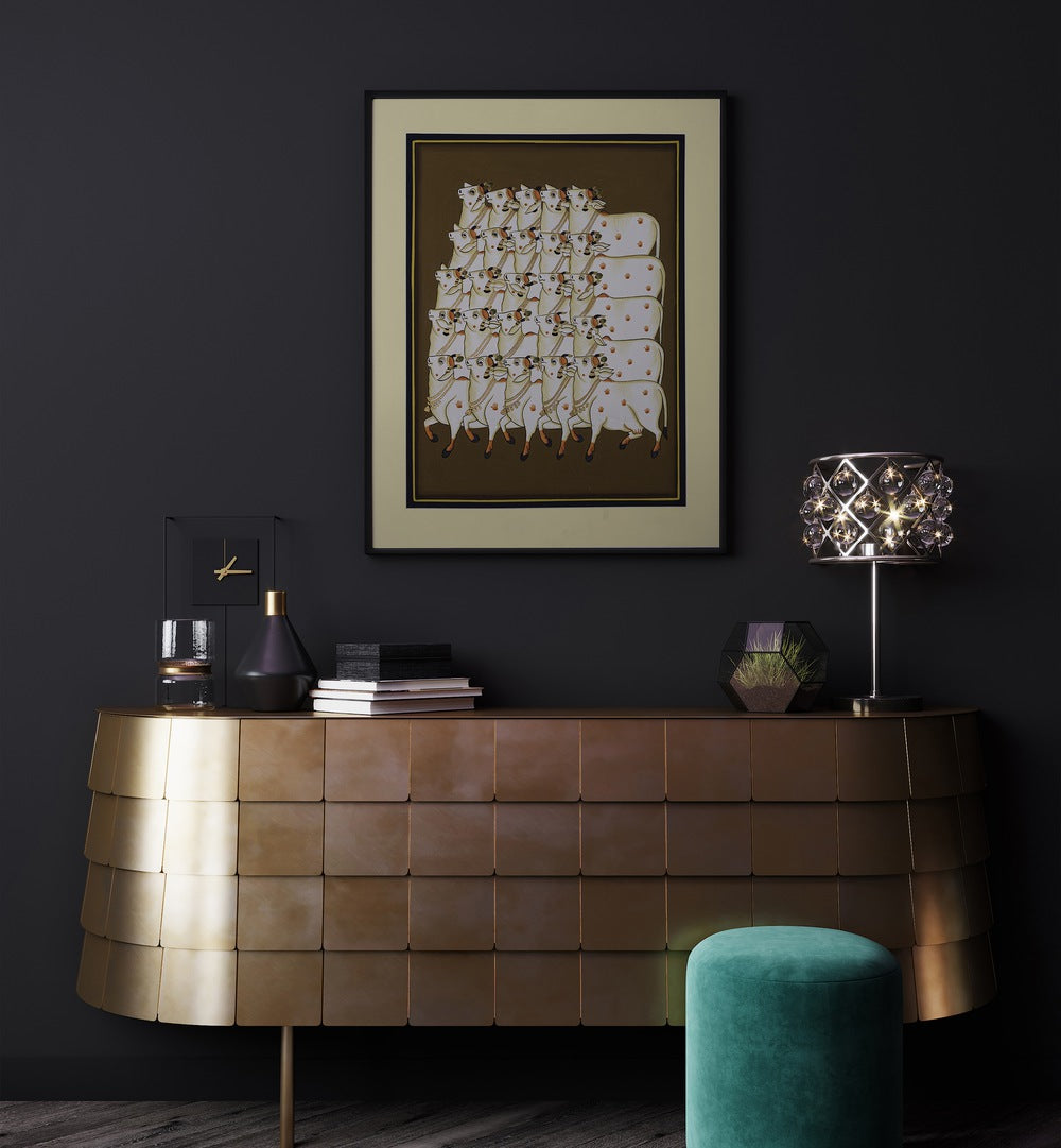 COW TRADITIONAL ART, INDIAN ART PAINTINGS showcase serene cows on a warm background, perfect for enhancing your space.